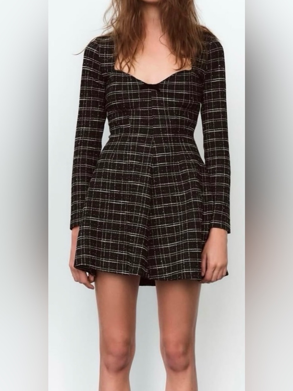 Zara Black Plaid Long-Sleeve Fit & Flare Mini Dress